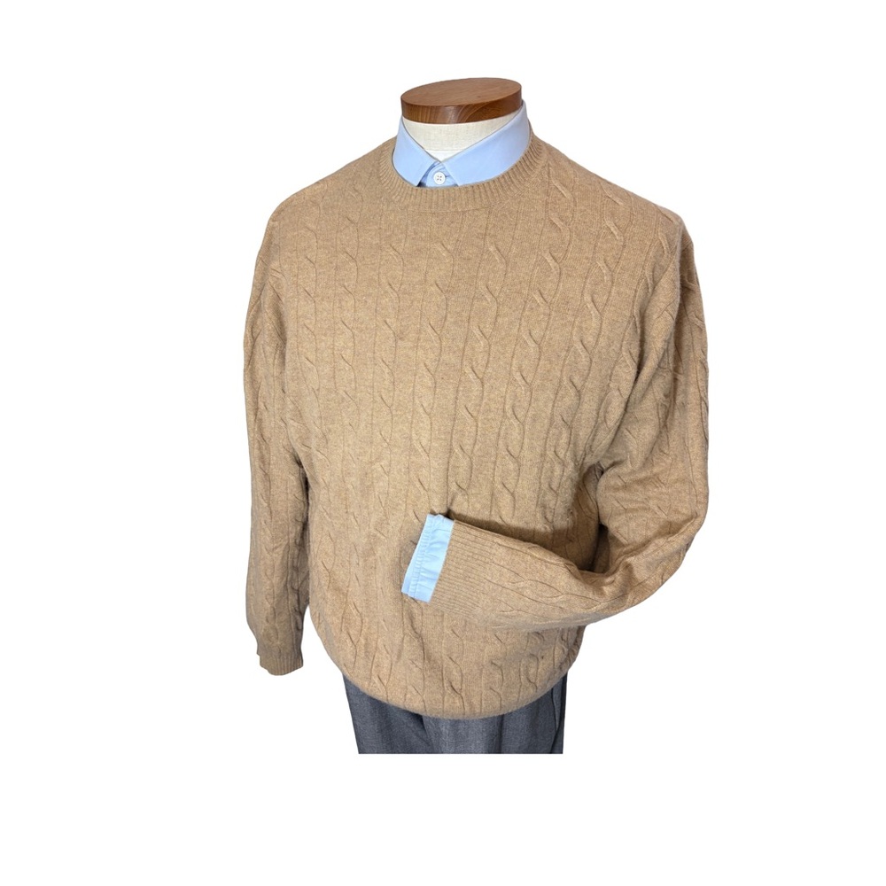 Brookmore Size L 100% Camel Brown Cashmere Cable Knit Sweater